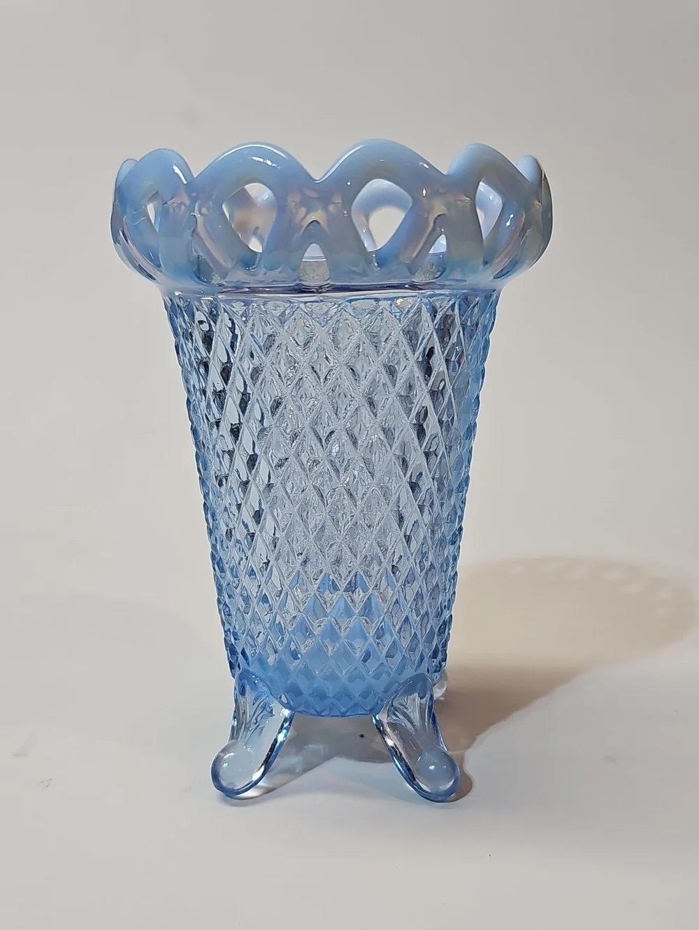 Vintage Imperial Glass Light Blue Opalescent Decorative 4-toed Flower Bud Vase